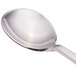 A close-up of a Bon Chef stainless steel soup spoon with a silver handle.
