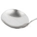 A close-up of a Bon Chef stainless steel bouillon tasting spoon with a white handle.