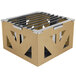 A brown cardboard box with a metal cube and grate inside.