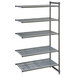 A grey metal Cambro Camshelving® Basics Plus vented add on unit with four shelves.