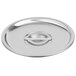 A Vollrath stainless steel lid with a metal handle on a white background.