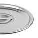 A close-up of a Vollrath stainless steel lid with a metal handle.