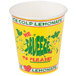 A yellow "We Squeeze to Please" paper cup with green text and cartoon lemons filled with cold lemonade.
