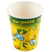 A white paper cup with a blue and yellow "Lemonade Ice" design.