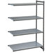 A grey metal Cambro shelving unit with three shelves.