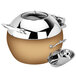 A stainless steel soup chafer with a glass dome lid and bronze base.