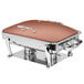 An Eastern Tabletop rectangular copper chafing dish with a brown lid.