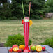 Assorted neon drinking straws in a red and white striped cup with fruit.