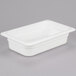 A white Cambro plastic food pan with a lid.