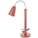 An Eastern Tabletop copper coated stainless steel freestanding heat lamp with an adjustable neck and a sphere shade.