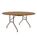 A Correll round medium oak folding table with a metal frame.