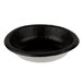 A black paper bowl with a black and white rim.