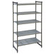 A grey metal stationary Cambro shelving unit with four vented shelves.