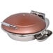 A copper and stainless steel chafing dish with a hinged dome lid.