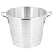 A silver aluminum Town vegetable colander with handles and holes.