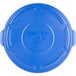 A blue plastic lid for a Rubbermaid Brute trash can.