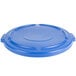 A blue plastic lid for a Rubbermaid Brute container.