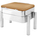 A silver stainless steel square chafer with a bronze lid on a table.