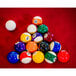 A group of pool balls set up in a pyramid on a Mizerak Donovan II pool table.
