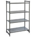A grey metal Cambro Camshelving® Basics Plus stationary starter unit with four shelves.