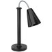 A black freestanding heat lamp with a metal cone shade and adjustable neck.