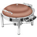 An Eastern Tabletop stainless steel round chafing dish with a copper cover on a pillar'd stand.