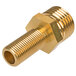 A brass threaded male fitting with a gold nut.