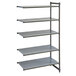 A grey Cambro Camshelving® Basics Plus add on unit with four shelves.