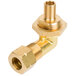 A brass threaded pipe fitting with a nut.