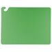 A green rectangular San Jamar cutting board with a hook.