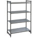 A grey metal stationary Cambro shelving unit with 3 vented shelves and 1 solid shelf.