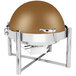 A bronze coated stainless steel round chafing dish with a roll top lid and a handle.