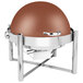 A round copper and chrome chafer with a roll top lid.