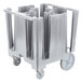 A grey plastic Cambro dish caddy with wheels.