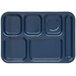 A blue Carlisle rectangular tray with six compartments.
