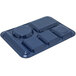 A Carlisle dark blue melamine tray with six compartments, four different shapes.