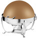 A round bronze coated stainless steel chafing dish on a silver stand.