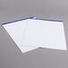 Two white sheets of paper with blue trim.