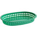 A green plastic Tablecraft oval platter basket with holes.