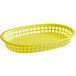 A yellow plastic Tablecraft oval platter basket with holes.