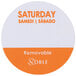 A white and orange circular Noble Products label with the text "Saturday" in white.