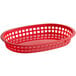 A red plastic Tablecraft oval platter basket with holes.
