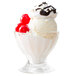 A Libbey glass sundae dish filled with ice cream and cherries.