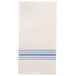 A white cloth with blue stripes and a blue and white towel.