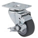 A 3" Swivel Plate Caster with a metal and rubber wheel and brake.