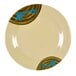 A beige round melamine plate with a blue and brown design.