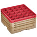 A beige Vollrath Traex glass rack with red and beige plastic inserts.