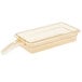 A clear plastic Cambro 1/3 size food pan with a handle.