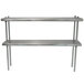 A silver stainless steel table mounted double deck shelving unit with two shelves.