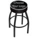 A black Holland Bar Stool with a white logo on the seat.